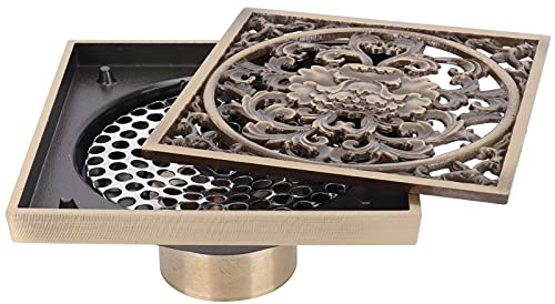 Duschablauf-Set, Kupfer-Badezimmer-Bodenablauf-Set Mit Abnehmbarer Siebabdeckung, Runder Verstopfungssicherer Bodenablauf, Wasserablaufzubehör Für Küchen-WC, Retro-Ranken-Pfingstrosen-Muster, Bronze