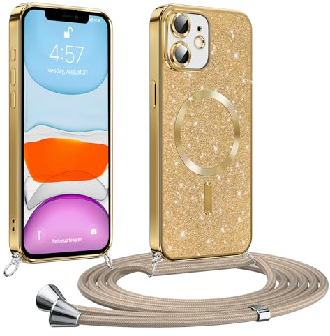 Phoona handyband Hülle für iPhone 11 mit Band, Glitzer Handyhülle Kompatibel mit MagSafe, Ganzkörperschutz Kratzfeste Stossfest Schutzhülle mit Einstellbar Kette, Gold
