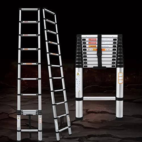 10,5 Fuß Teleskopleiter Mehrzweckleiter 8 kg Leichte Gerade Leiter Trittleiter Klappbare Aluminiumleiter rutschfest Bis zu 150 kg Tragkraft, 80 cm geschlossene Länge Star of Light
