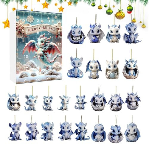 Fuuxtci 2024 Drachen-Adventskalender, 24 Tage Weihnachts-Adventskalender-Anhänger 2D, Drachen-Countdown-Kalender, Acryl Weihnachtsbaum Cartoon Blue Dragon Dekorationen, 24 Tage Weihnachten