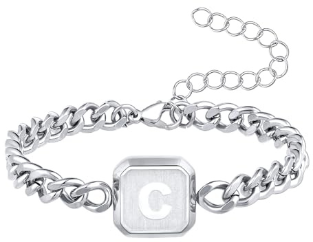 Armband Herren mit Buchstaben Edelstahl Panzerkette Armkette Männer Jungen | Silber Gold Schwarz Quadrat Initiale Armbänder Geschenk für Sohn Enkel Bruder Ehemann Vater Kubakette Einstellbare Schmuck
