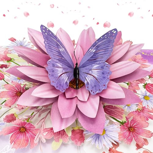 YianHien Geburtstagskarte Frau mit Rosa Blumen & Schmetterling, Schön 3D Pop Up Karte zum Geburtstag für Mama Oma, Exquisite Blumenkarte zum Hochzeit Jubiläum Valentinstag für Frau Freundin Schwestern
