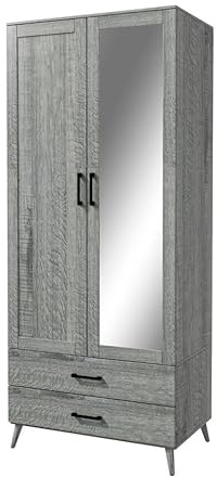 URBNLIVING 180cm Tall Ash Grey Freestanding Mirror Wardrobe with Grey 2 Door 2 Drawer Modern Shelf Clothes Storage Cupboards Unit for Bedroom Hanging Rail with Wooden legs