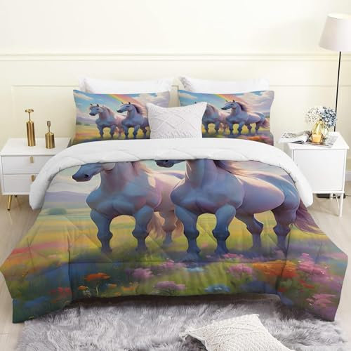 Pferd Bettdecke 240x220, Regenbogen Bettdecke Ohne Bezug, Blumen 4 Jahreszeiten Wende Steppdecke, Mikrofaser Duvet Ganjahresdecke Schlafdecke für Raumdekoration, Farbe