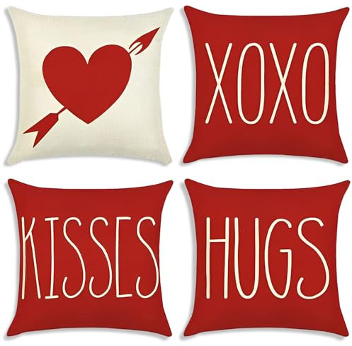 BITOYO San Valentin Fundas Cojin 45x45, Set de 4 Fundas San Valentin Decoracion para Sofá, Silla, Cama, con Dibujos de Corazón Rojo, Ideales para la Decoración de San Valentín (Amar)