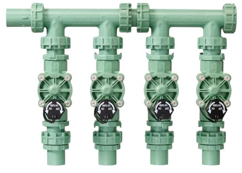 Orbit 57257 Collettore di irrigazione preassemblato a 4 valvole, facile da installare, compatibile con il controller intelligente, funziona con tubi in PVC e polietilene, include 4 valvole in linea