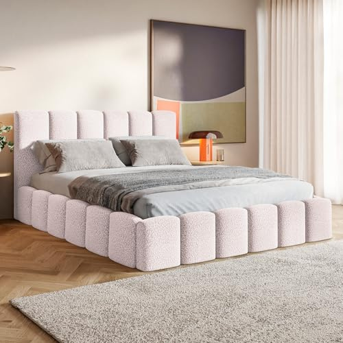 MOTIVENA Nunu Cadre de Lit Bubble 120x200, avec Sommier et Matelas (H3/H3), avec Rangement, Capitonné, Rembourré, sans Pieds, Bouclé, avec Tête de Lit Coffre 120x200 Rose
