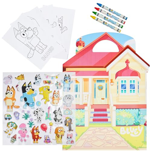 Bluey Sticker Set für Kinder mit Aufkleber, Ausmalbildern, Wachsmalkreide & Faltkulissen, Ideal als Kreativ Set & DIY Spielzeug, Geschenke für Mädchen