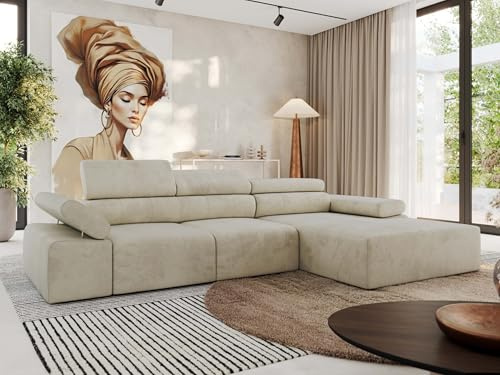 MKS MEBLE Ecksofa mit relaxfunktion elektrisch, Sofa L-Form - Rilasso - Beige Velvet Rechts