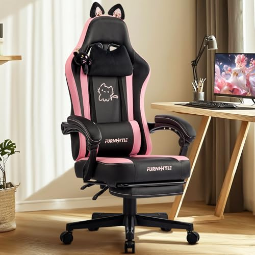 Gaming Chair with Footrest, Comfy Girly Video Game Chairs with Cat Ears Pocket Spring Cushion Massage Lumbar Support & Headrest, Ringing Accessories Cute Leather Ergonomic Computer Chair, Black/Pink