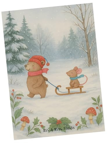 Mr. & Mrs. Panda Postkarte Bär und Maus Schlitten Design - Geschenk, Weihnachten, Motivkarte, Ansichtskarten, Ansichtskarte, bildkarte, Postkarten