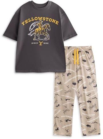 Y Yellowstone Mens Grey Short Sleeve Long Leg Pyjama Set | 'YELLOWSTONE SINCE 1886' Print Sleepwear | Yellowstone Merch