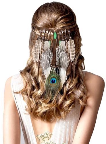 Feder Stirnband Boho Damen, Vintage Indianer Kopfschmuck, Hippie Haarschmuck Federn, Boho Stirnband mit Federn, Federquaste Kopfschmuck für Karneval Feiertagsparty (B)