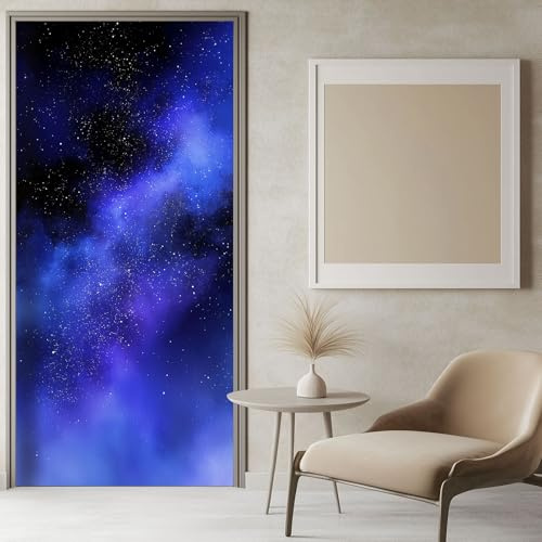 Türtapete Selbstklebend Türposter Aquarell Galaxie, 3D Blau Türaufkleber Wasserfest Türfolie Selbstklebend Fototapete 86x200 cm, für Schlafzimmer Gang Tür Deko