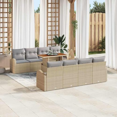 Holamys Garten-Sofa-Set mit Stauraum 9-teilig Beige Poly Rattan, modulares Outdoor-Möbel für Terrasse, wasserfeste Kissenbox, langlebiges Lounge-Set