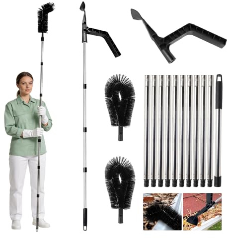 Gutter Cleaning Tools, 14 FT Long Gutter Cleaning Brush with Cleaning Shovel 2 Brush Heads 11 Poles, Adjustable Telescopic Gutter Cleaner Brush for Removing Roof Leaves Debris