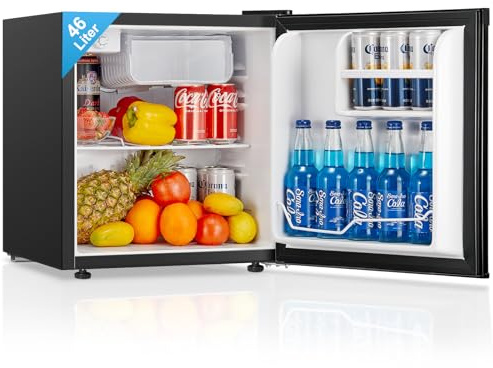 FOHERE Mini Kühlschrank 46L, Kleiner Kühlschrank mit 7-Stufige Kühlung, Energieeffizienter, Superleise, Wechselbarer Türanschlag & Verstellbare Füße, für Hotel, Büro, Kleine Wohnungen,Schwarz