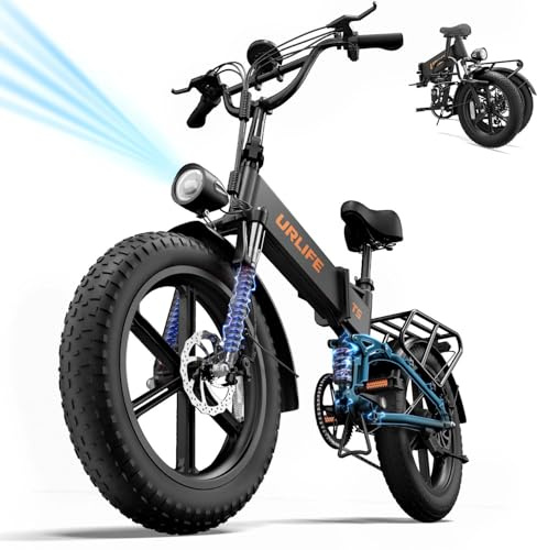URLIFE Folding Electric Bike, 20 * 4.0 Inch Fat Tire E-Bike for Adult 48V 13AH Removable Battery, 80-100KM Long Range, Full Suspension for All Terrains, Electric Mountain Bike with LED