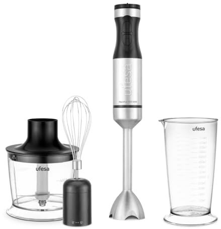 Ufesa Stabmixer Aquarius Max 1000W, Turbo-Funktion, Variable Geschwindigkeitskontrolle, 4 Hochwirksame Klingen, Abnehmbarer Edelstahlfuß, Spritzschutz, Becher 700ml, Zerkleinerer 500ml und Schneebesen
