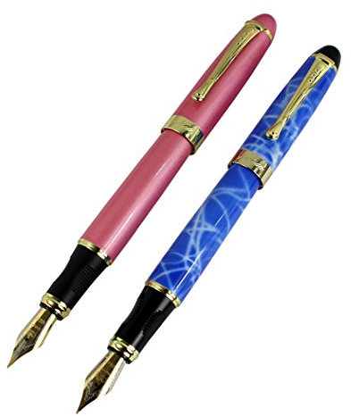 Hillento 2 PCS Jinhao 450 Fountain Pens Pink, Blue & White Color Set with Pen Pouch and Gift Box(Gift Box Random Color)