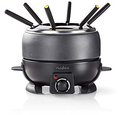 Nedis - Appareil à Fondue - 6 Personnes - Contrôle de la Température Réglable - Pierrade -800 W - Poignée Soft Touche - Fond antidérapant - Caquelon Fondue - Fondue Bourguignonne - 2.3 L - Noir