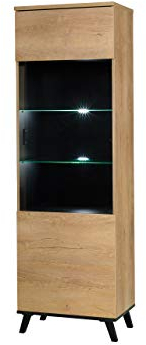 Vitrine John JN02, Praktischer Standvitrine, Vitrinenschrank, Stauraumvitrine, Wohnzimmer, Glasvitrine, Hochschrank, Standvitrine (Seite: Rechts, Eiche Lefkas / Schwarz, mit weißer LED-Beleuchtung)