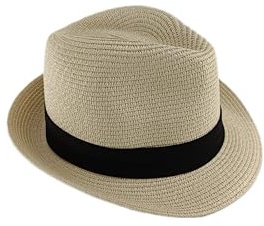 Chapeau de Paille Homme Femme Fedora Borsarino Trilby Panama Casquette Summer Beach Short Brim Fashion Unisex (Beige, 58 Cm)