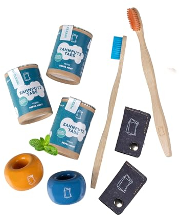 Duschbrocken Feste Zahnpasta Komplettpaket - Set aus 3x Zahnputztabletten, 2x Bambus-Zahnbürste & Zahnpflege-Zubehör - Vegan & Plastikfrei - 93g