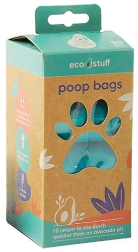 ecostuff | Hundekotbeutel, kompostierbare, biologisch abbaubare, spülbare und wasserlösliche Haustierabfall-Duftrolle, 80 Kotbeutel für Hunde, 100 % umweltfreundlich, extra dicke und starke Beutel