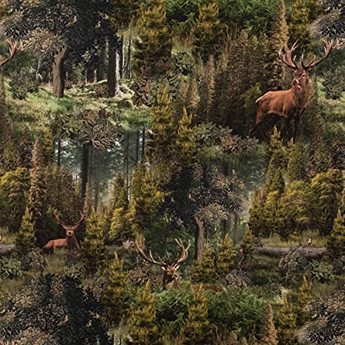 SCHÖNER LEBEN. Dekostoff Digitaldruck Ancient Forest Wald Hirsche grün 1,40m