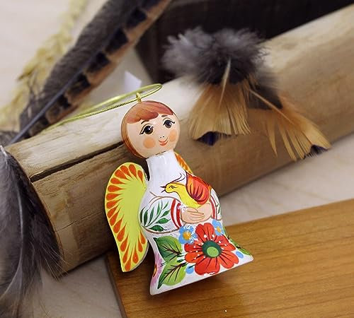Engel Christbaumschmuck Glocke aus Holz 7 х 5.5 cm Handbemalt nach Ukrainischer Tradition der Petrykiwka-Malerei, Kunsthandwerk für Ihren Weihnachtsbaum und Schutzengel