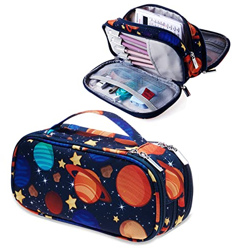 LParkin Galaxy Federmäppchen für Jungen, super große Kapazität, 3 Fächer, Space Galaxy, Geschenke für Studenten, Teenager, Jungen, Make-up-Tasche, dunkelblau, 9.5” x 4.5” x 3”, Kosmetikkoffer