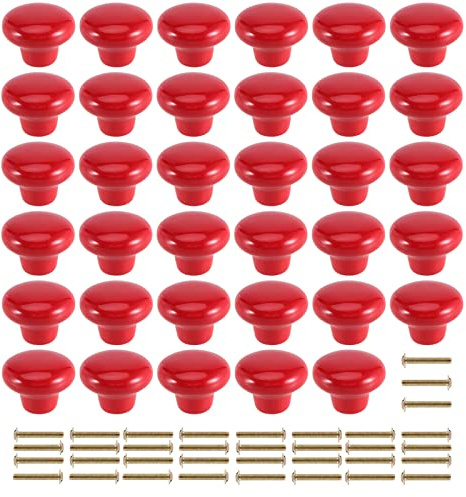 JAPCHET 35 Pack Red Ceramic Cabinet Knobs, Single Hole Ceramic Door Knobs with Screws, Button Round Mushroom Door Pulls for Kitchen Cabinet, Cupboard, Wardrobe, Dresser