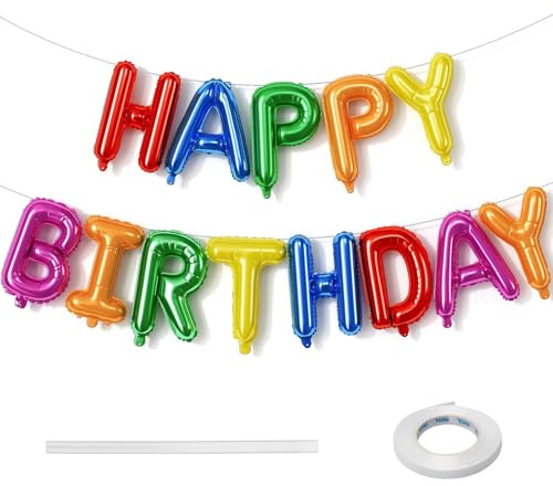 Lingqiang 16 Inch Happy Birthday Banner Balloon, Rainbow Self Inflating Happy Birthday Letter Foil Balloons Bunting, Multicolor Happy Birthday Balloons for Colorful Birthday Party Decor