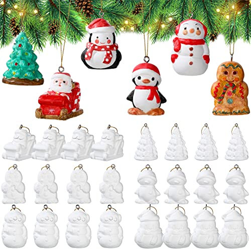 HyDren 24 Pcs Christmas Ceramic Ornaments to Paint Design Your Own Ceramic Ornaments Kits Paintable Figurines Ceramics Christmas Character Ornaments Unpainted DIY Xmas Holiday Crafts Adults