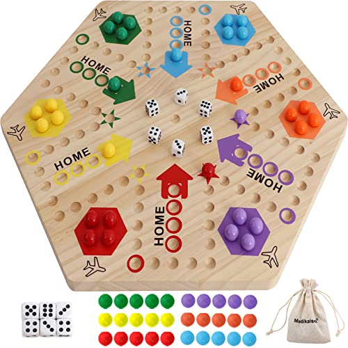 Medikaison Großes OriginalMarmorspiel, Massivholz, 50,8 cm (groß), Wahoo Brettspiel, doppelseitig, bemalt, Holz, SchnellbahnBrettspiel für 6 und 4 Spieler, 6 Farben, 24 Murmeln, 6 Würfel für