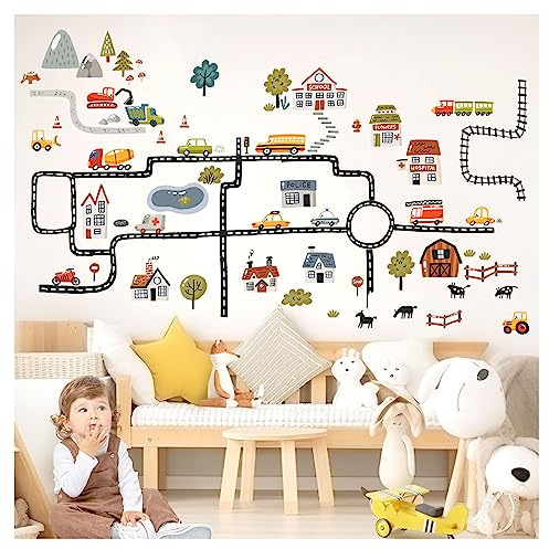 DEKO KINDERZIMMER Wandtattoo Fahrzeuge Straßen Set Wandsticker für Kinderzimmer Häuser Transporte Auto Babyzimmer selbstklebend Wandaufkleber DK1002-4