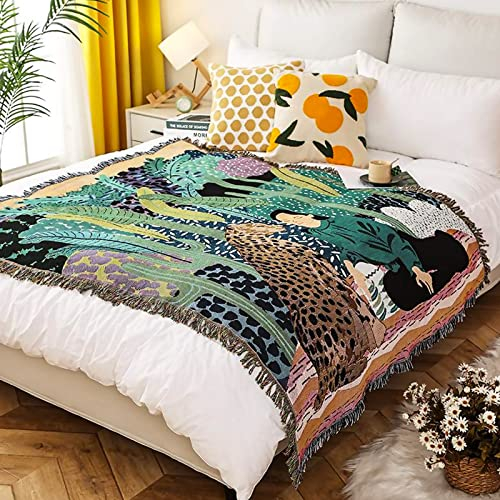 LumiSyne Doppelseitige Baumwolle Gewebt Decke Überwurf Mit Quaste Dschungel Böhmische Stil Wandteppich Kuscheldecke Dekorative Decke Für Bett Couch Sessel Camping Decke Tischdecke Teppich 160x130cm
