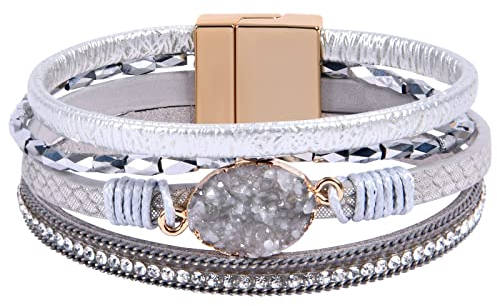Aucuu Leder Wrap Cuff Armband mit Kristall Perlen und Magnetschnalle - Handgewebtes Boho Lederarmband für Frauen - Geschenk für Valentinstag, Muttertag, Geburtstag