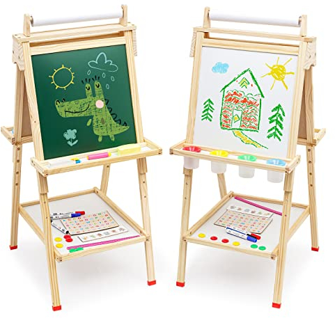 Kinder Staffelei 3 in 1 Kinder Spiel-Tafel aus Holz mit Papierrolle Doppelseitige Tafel und Whiteboard Höhenverstellbar Standtafel Kindertafel mit Ablagefach Buchstaben Zahlen und anderes Zubehör