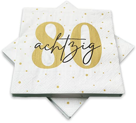 in due 20 Servietten zum 80. Geburtstag 33x33 cm - Weiß, Gold, Schwarz