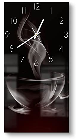 DEQORI Glasuhr | horizontal 30x60 cm | Motiv Tasse aus Kaffeedampf | große XXL Design Uhr aus Glas | leise Wanduhr für Wohnzimmer & Küche | Moderne Hingucker Uhr für die Wand