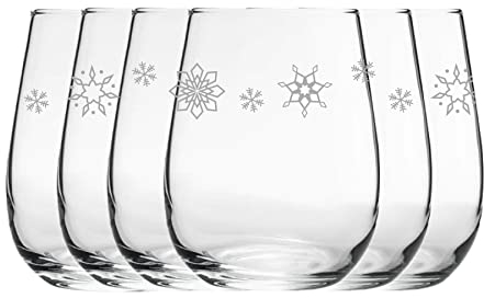Engraved Snowflake Pattern Stemless Wine Glasses, Set of Six 12oz/360ml Gaia Glasses, Laser Engraved in The UK, Christmas, Gift for Her, Gift for Mum, Grandma, Auntie