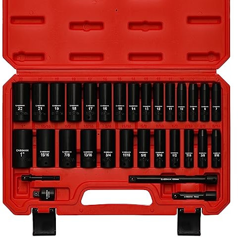 CASOMAN 3/8-Inch Deep Impact Socket Set, Metric & SAE, 31Piece Socket Set, CR-V, Includes Extension Bar (3, 6-inch) & Adapters, Heavy Duty Storage Case