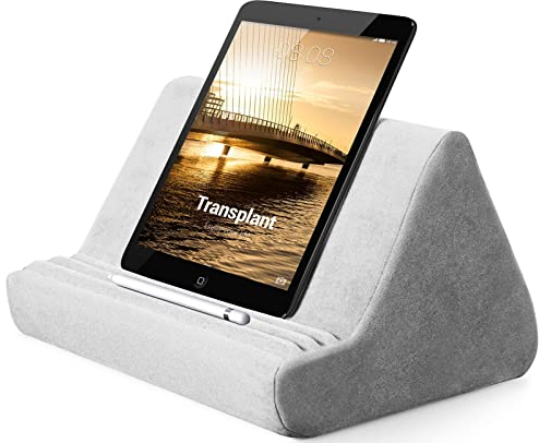 Weiches Tablet-Ständerkissen mit Tasche, Tablet-Kissenständer, verstellbarer 3 Betrachtungswinkel, faule Halterung, Ständer für Bett, Sofa, kompatibel mit iPads, Büchern, Zeitschriften (hellgrau)