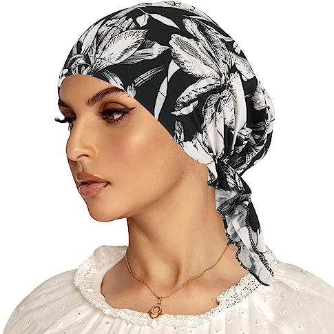 YUWJOOWEE Stretch Turban Mütze Kopftuch Drucken Kopfbedeckung Hüte,Frauen Muslim Beanie Schal Bandana Hut Chemo Krebs Chemotherapie Haarausfall Schlafmützen (Schwarze Blume)