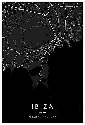 Ibiza-Stadtkarte, dunkles Poster, Leinwand, Poster, Schlafzimmer, Dekoration, Sport, Landschaft, Büro, Raumdekoration, Geschenk, ungerahmt: 30 x 45 cm