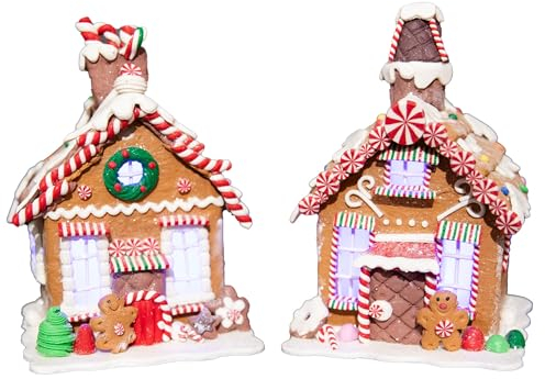 SHATCHI 17cm Prelit Christmas Gingerbread House Lighted Candy Village Cottage for Xma Tabletop Mantel Decoration Novelty Holiday Ornament, Ceramic, Brown, 12x12x17cm