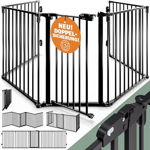 CASARIA® 5 Section Foldable Metal Fireplace Safety Gate with Safety Door Lock | Foldable 306x77cm Fireplace Safety Gate Barrier | Steel Plastic Dog Baby Kids Stove Gate Black (1x)