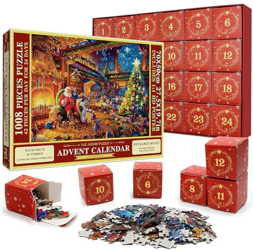 Advent Calendar 2023, Christmas Advent Calendar Jigsaw Puzzles for Adults Kids Toys 1008 Pcs Jigsaw Puzzles Advent Calendar Christmas Countdown Calendars Christmas Birthday Gifts For Women Men (C)